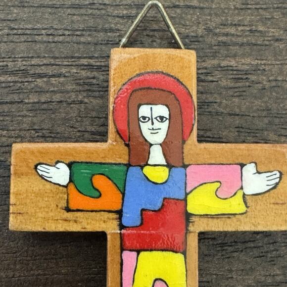 Cross with Christ El Salvador Vtg Crucifix Handmade Colorful Jesus Religious - Picture 4 of 16